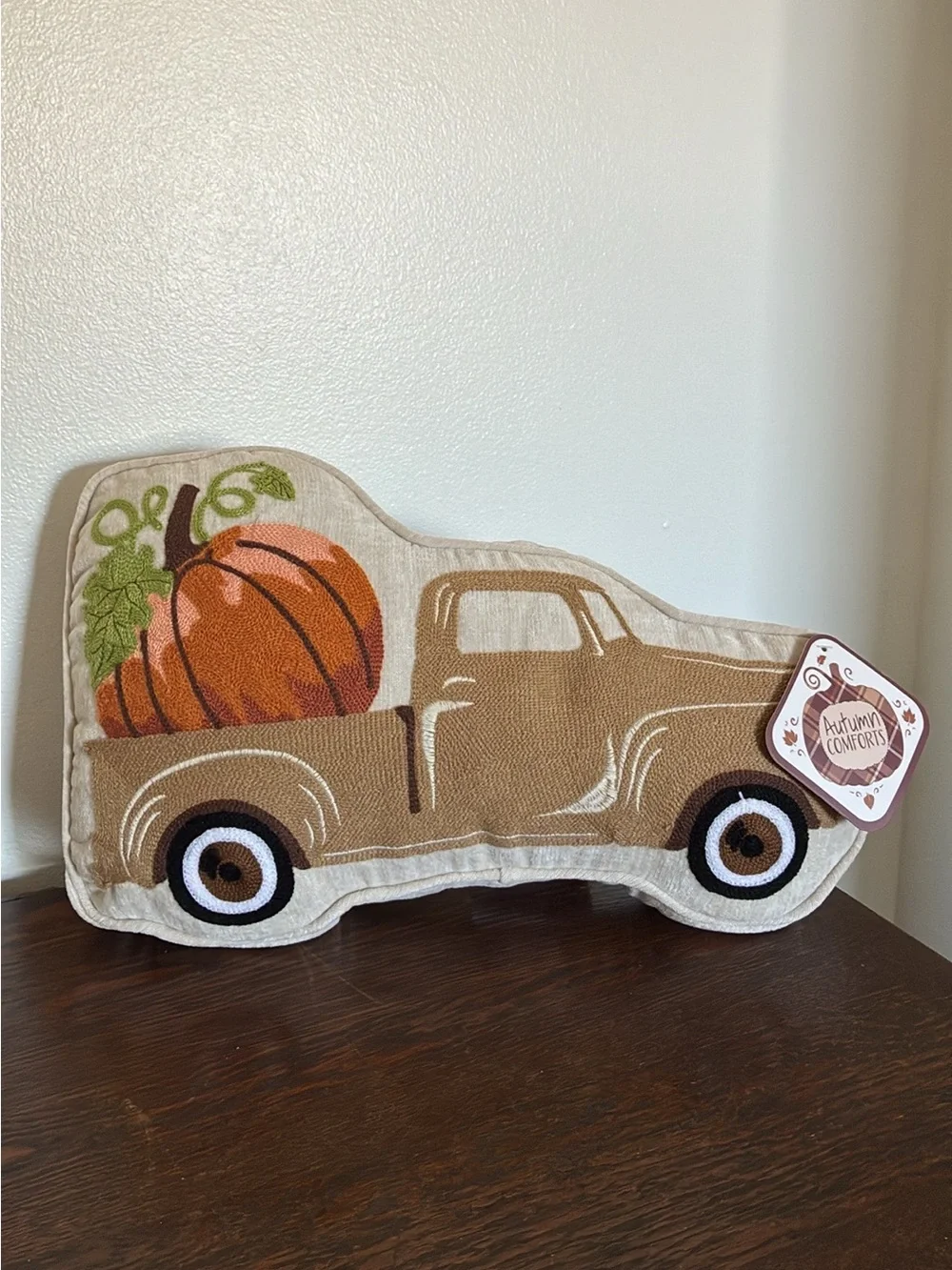 NWT 11x17- Super Soft- Embroidered-Tan Farm Truck w/ Pumpkin Decorative Pillow